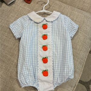 Blue and White Gingham Kids One Piece with Pumpkin Embroidery